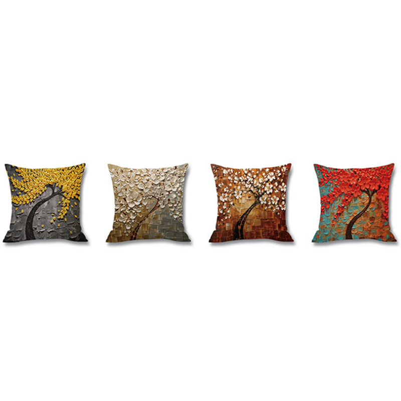 4Pcs Oil Painting Tree Printed Flax Square Pillow Cover Sofa Bed Cushion