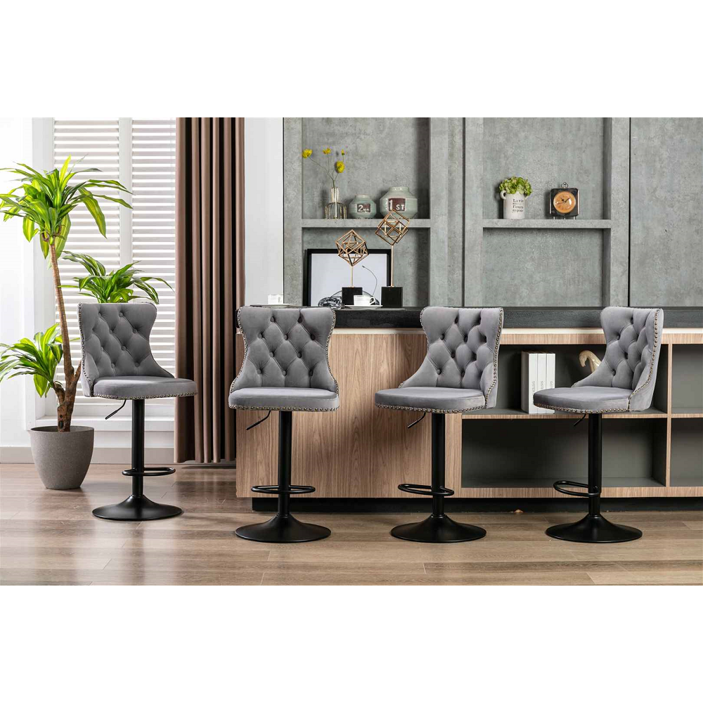 4X Height Adjustable Swivel Bar Stool Velvet Nailhead Barstool With Footrest