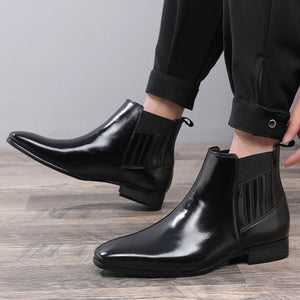 Checked Pointed Toe Chelsea Style Boots For Men Fashion British Square Heel Leather Shoes