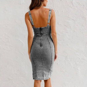 U Neck Suspender Denim Dress Summer Casual Slim Fit With Slit Design For Women