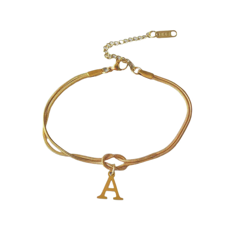 Veile Studios Letter A Z Love Knot Bracelets For Women Couple Gold Colour Dainty Snake Chain