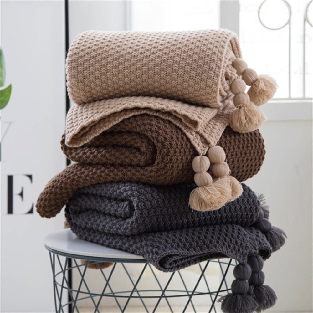 Nordic Fringed Knit Ball Blanket Wool For Office And Leisure Use