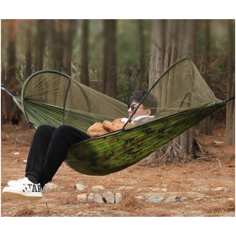 Military Green Outdoor Camping Hammock With Mosquito Net Anti Tip Nylon Fabric Single/Double Person Quick Setup