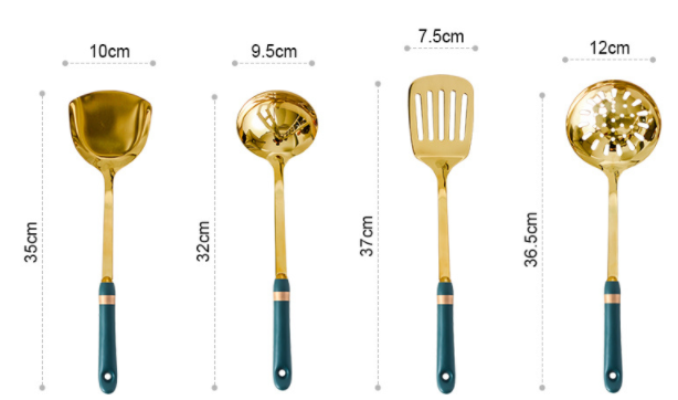 Golden Stainless Steel Kitchen Utensil Set With Colourful Ceramic Handles