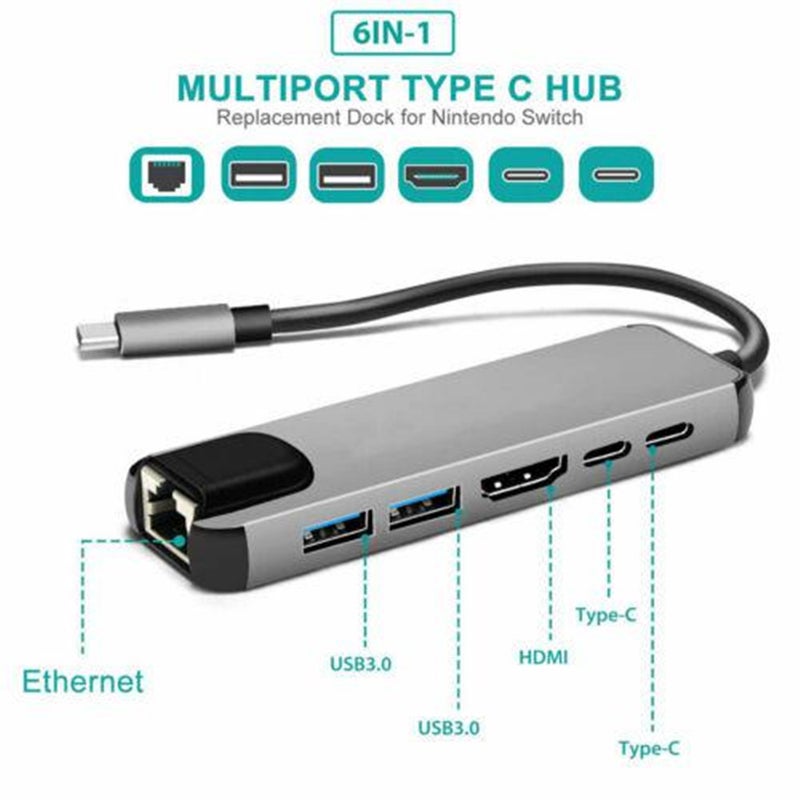 6 In 1 Usb C Hub Multi Port Adapter Type Dock With 4K Hdmi Rj45 Ethernet Lan Charge R60