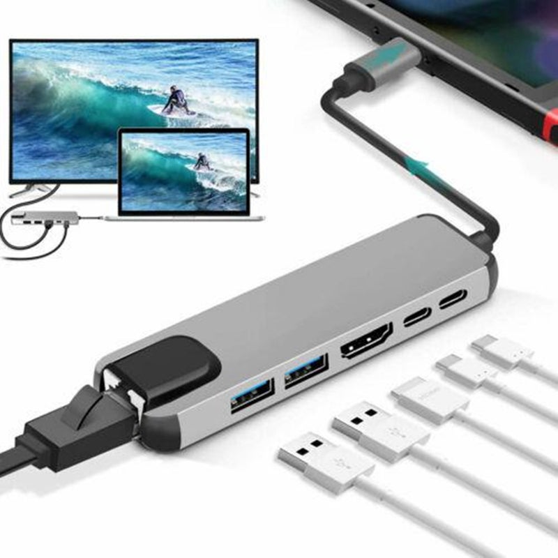 6 In 1 Usb C Hub Multi Port Adapter Type Dock With 4K Hdmi Rj45 Ethernet Lan Charge R60