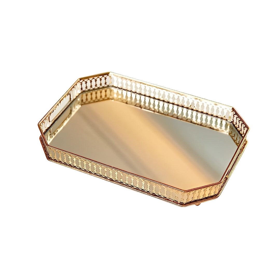 35Cm Gold Rectangle Glass Mirror Base Metal Vanity Food Serving Organiser Tray