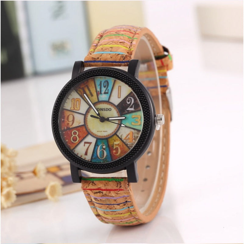 Casual Patchwork Vintage Leather Women Quartz Wrist Watch