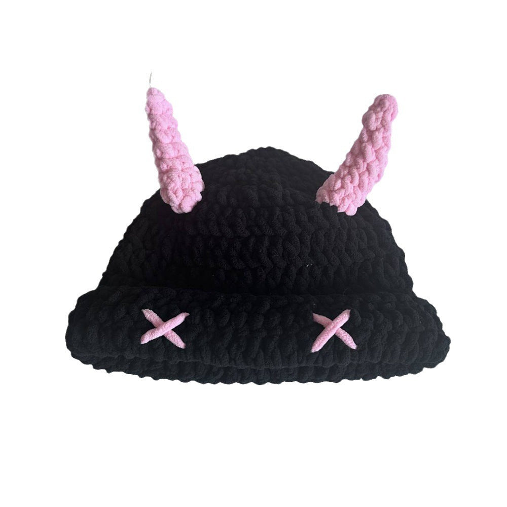 Wool Hat With Cute Devil Mask Horns And Dome Crown For Warmth Style