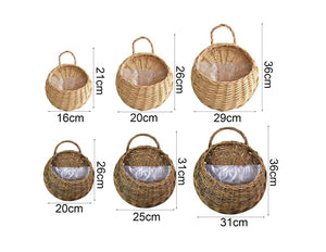 1 Set Flower Basket Handmade Weaving Multi-Function Rattan Wall Fence Hanging Pot Plants Holder For Garden-Beige-L