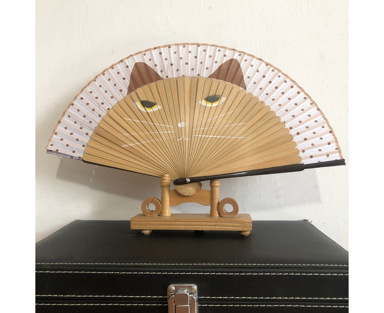 Vintage Cat Pattern Tassel Dancing Folding Hand Fan Craft Gift Home Decoration-Apricot