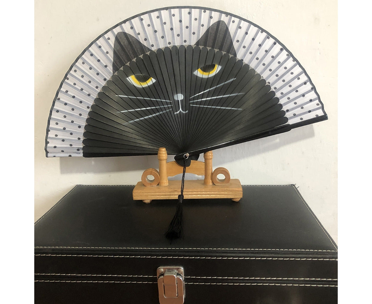 Vintage Cat Pattern Tassel Dancing Folding Hand Fan Craft Gift Home Decoration-Apricot