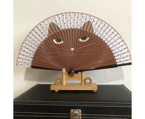 Vintage Cat Pattern Tassel Dancing Folding Hand Fan Craft Gift Home Decoration-Apricot