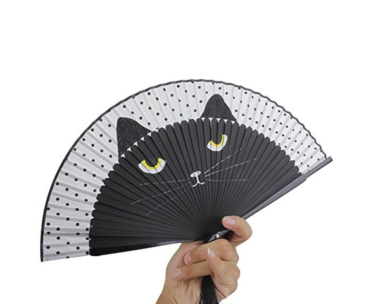 Vintage Cat Pattern Tassel Dancing Folding Hand Fan Craft Gift Home Decoration-Apricot