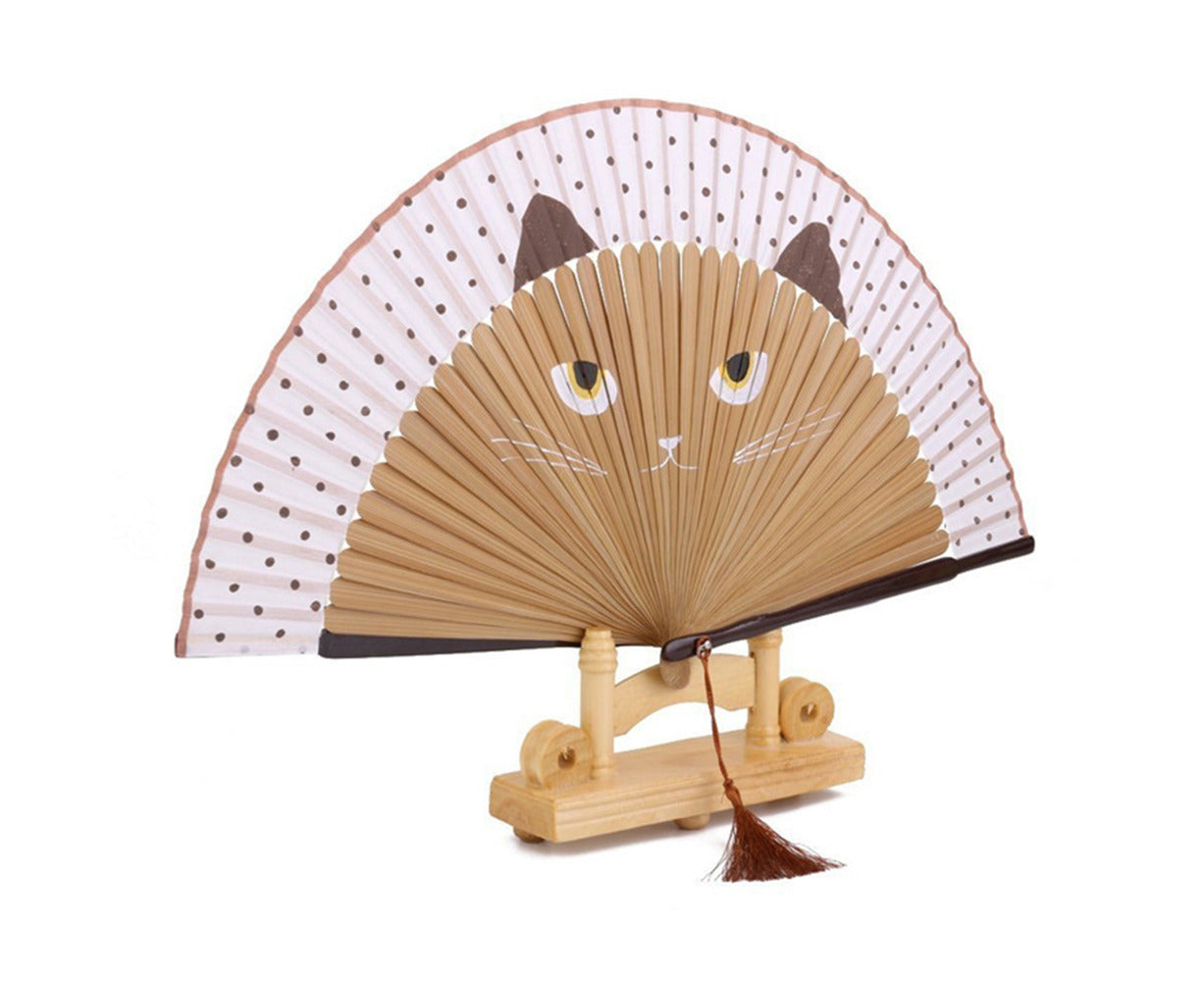 Vintage Cat Pattern Tassel Dancing Folding Hand Fan Craft Gift Home Decoration-Apricot