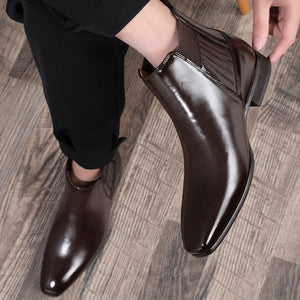 Checked Pointed Toe Chelsea Style Boots For Men Fashion British Square Heel Leather Shoes