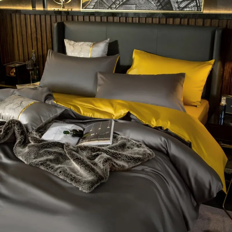 Bed Sheet Deep Grey Yellow Ultra Soft Egyptian Cotton Cover Double Size Set