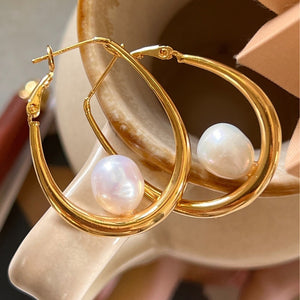 Veile Studios Large Oval Earrings Freshwater Pearl Fashion Commuting Copper Material