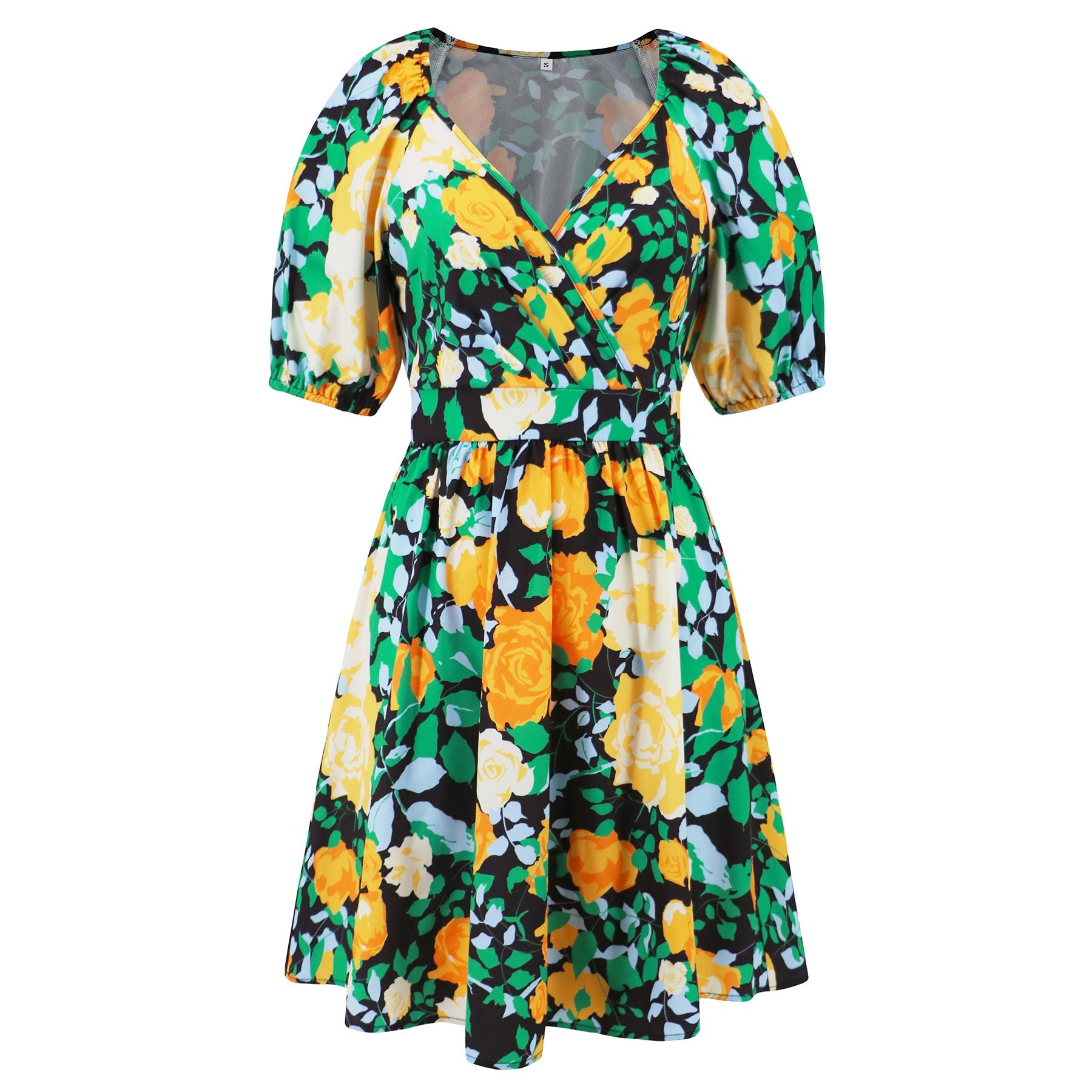 Flowers Print V-Neck Lantern-Sleeve Dress Y2k Summer Vacation Beach Dresses