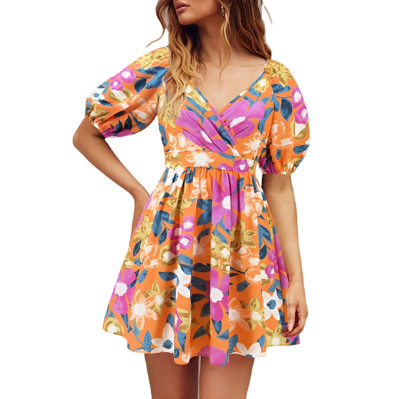 Flowers Print V-Neck Lantern-Sleeve Dress Y2k Summer Vacation Beach Dresses