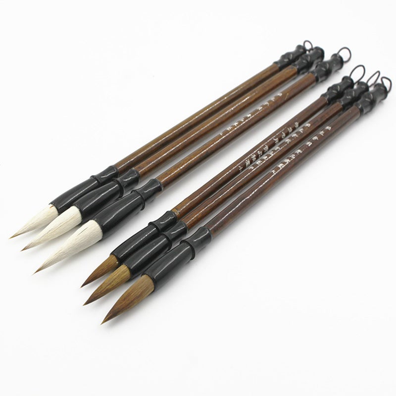 6Pcs White Woolen Brush / Brown Weasel Hair Chinese Japanese Calligraphy Pen Set