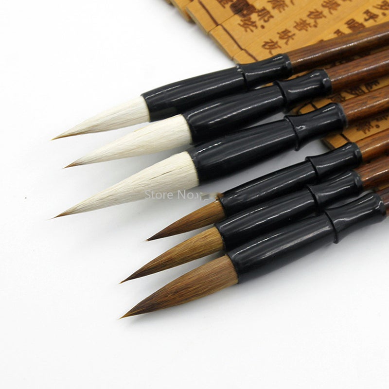 6Pcs White Woolen Brush / Brown Weasel Hair Chinese Japanese Calligraphy Pen Set