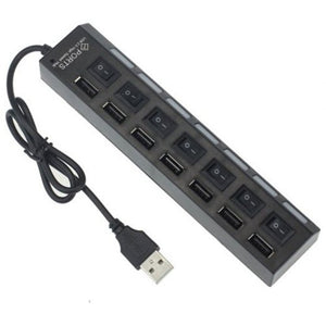 7 Port Led Usb 2.0 Adapter Hub Splitter With Switch For Pc Laptops Black