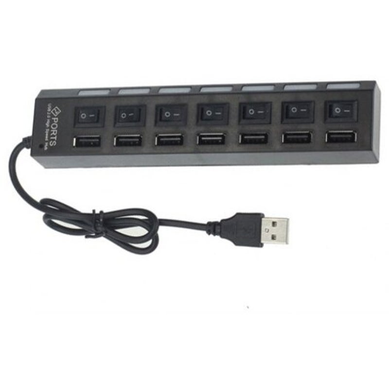 7 Port Led Usb 2.0 Adapter Hub Splitter With Switch For Pc Laptops Black