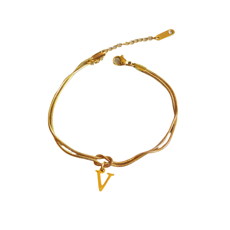 Veile Studios Letter A Z Love Knot Bracelets For Women Couple Gold Colour Dainty Snake Chain