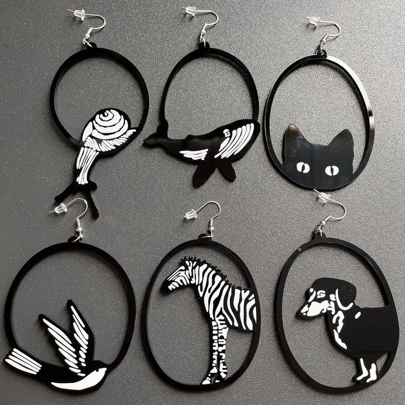 Veile Studios Acrylic Dangle Earrings Round Asymmetric Black Animals Drop Jewellery