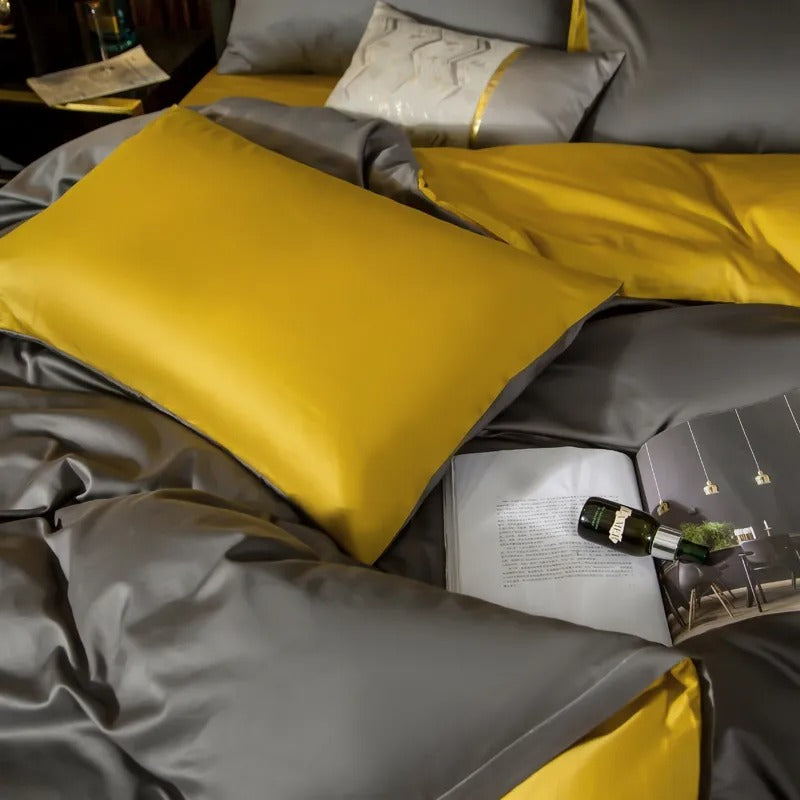 Bed Sheet Deep Grey Yellow Ultra Soft Egyptian Cotton Cover Double Size Set