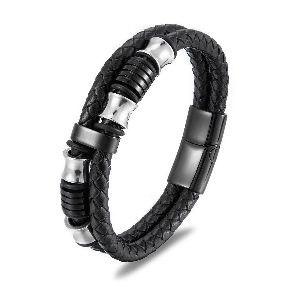 Veile Studios Black Leather Stainless Steel Mens Bracelet With Titanium And Rope