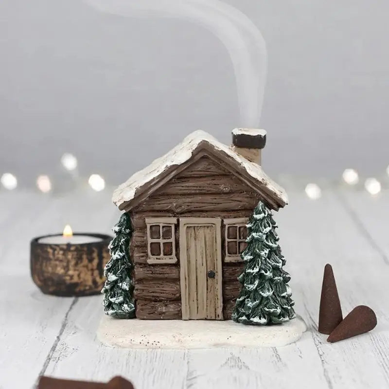 Log Cabin Incense Burner Rustic Christmas Chimney Hut Collectible Resin Statue