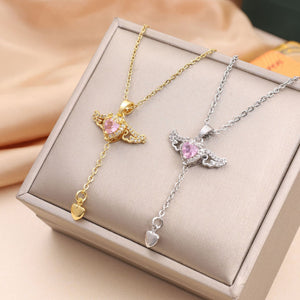 Veile Studios Moving Cupid Heart Angel Wings Tassel Necklace Crystal Clavicle Chain Women Jewelry Gift