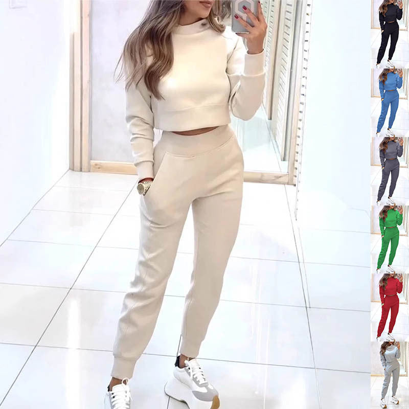 Stand Collar Sports Suit Fashion Pullover Long Sleeves Short Top And Slim Trousers With Pockets Solid Outfits Women's Cl