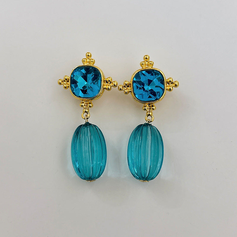 Veile Studios Middle Aged Style Earrings Blue Crystal Pendant Women's Artistic Retro