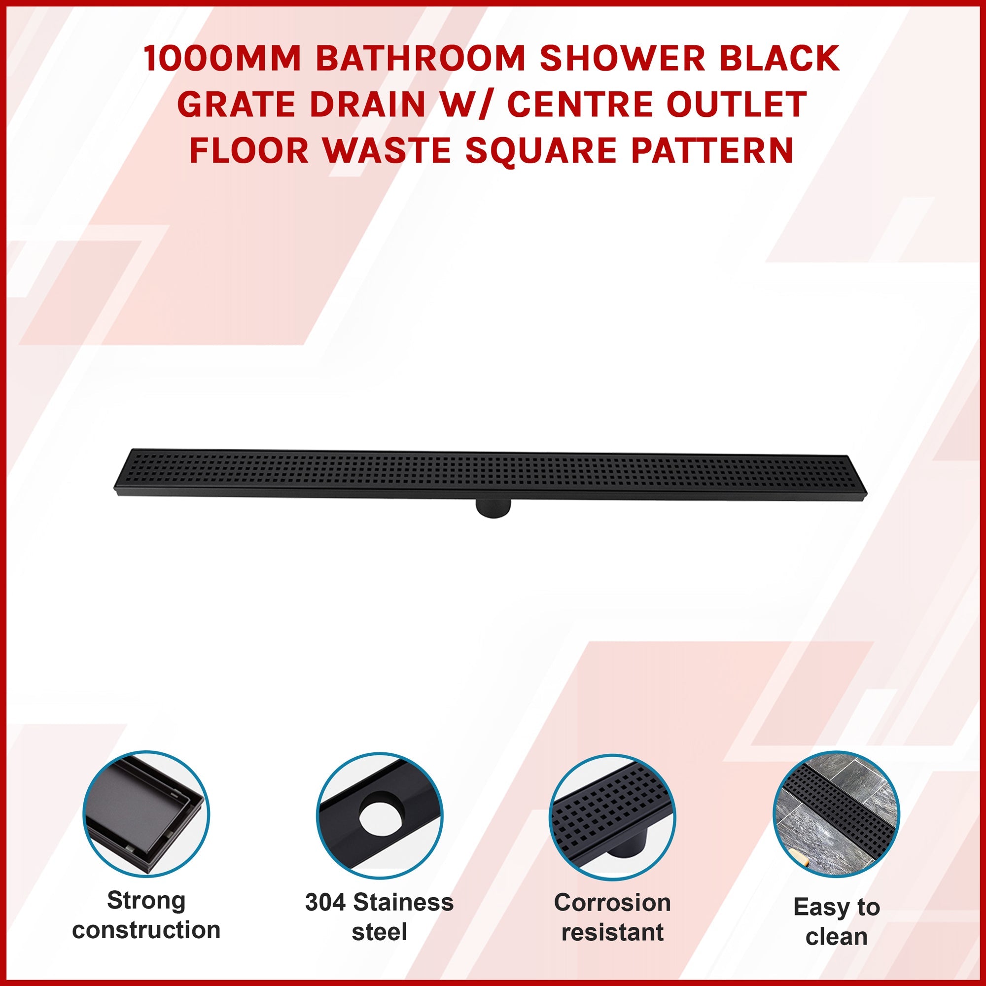 1000mm Bathroom Shower Black Grate Drain w/Centre outlet Floor Waste Square Pattern