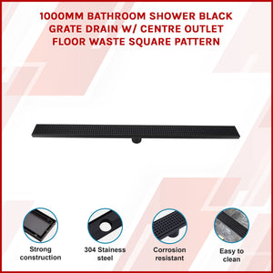 1000mm Bathroom Shower Black Grate Drain w/Centre outlet Floor Waste Square Pattern