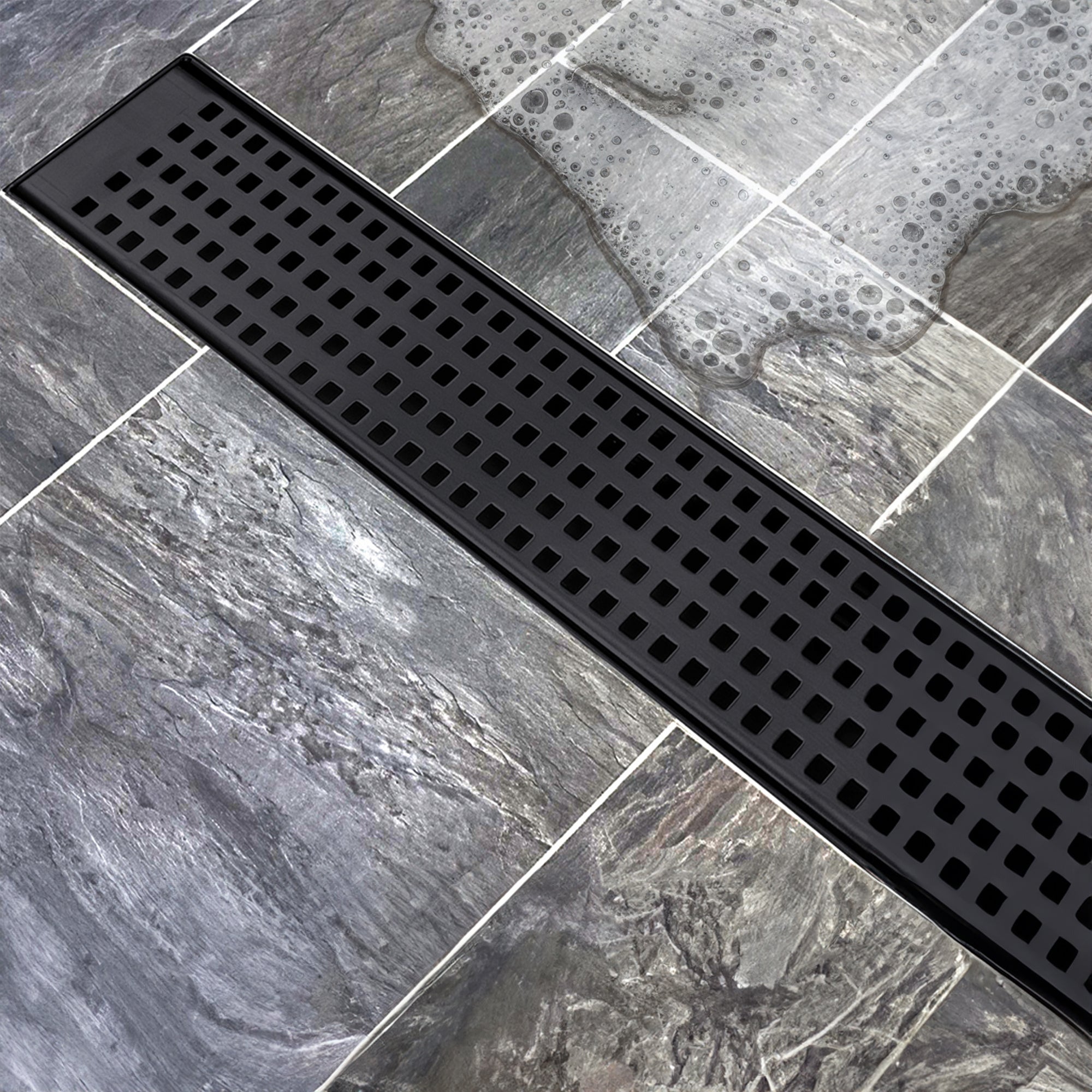 1000mm Bathroom Shower Black Grate Drain w/Centre outlet Floor Waste Square Pattern