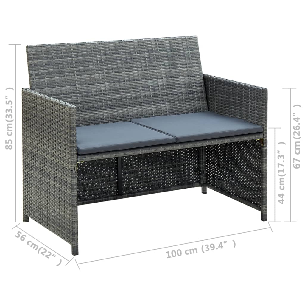 2 Seater Garden Sofa With Cushions Grey Poly Rattan