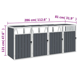 Quadruple Garbage Bin Shed 286X81x121 Cm Steel