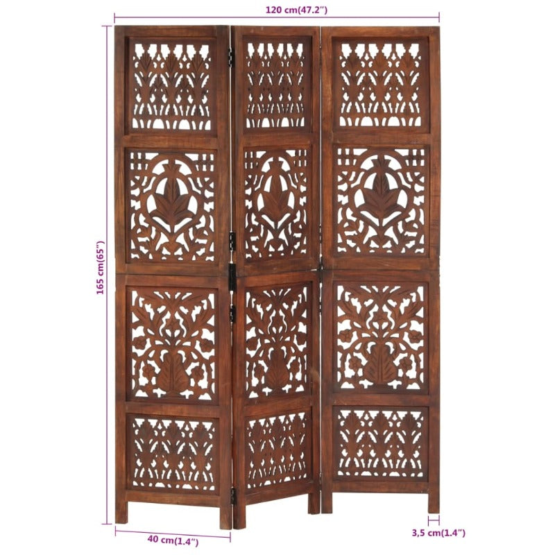 Hand Carved 3-Panel Room Divider Brown 120X165 Cm Solid Mango Wood