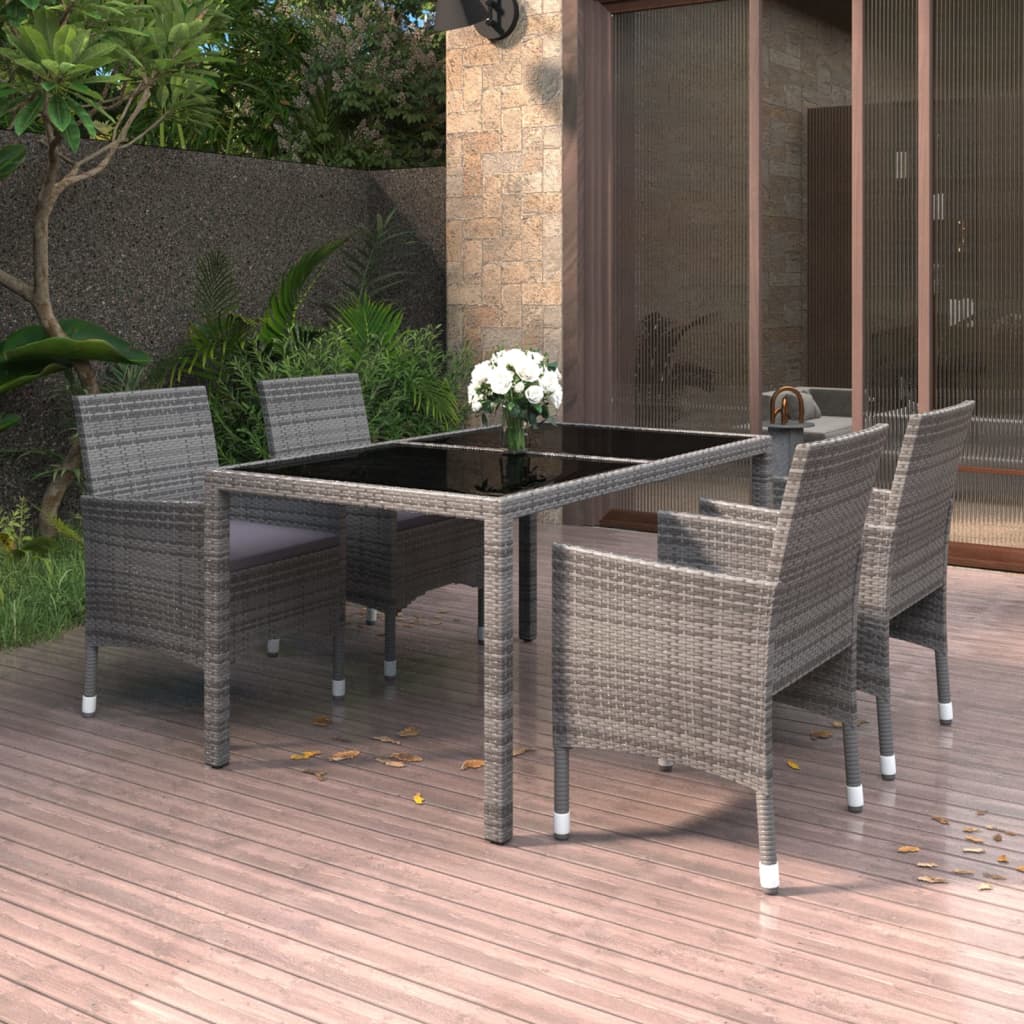 5 Piece Garden Dining Set Poly Rattan And Tempered Glass Grey