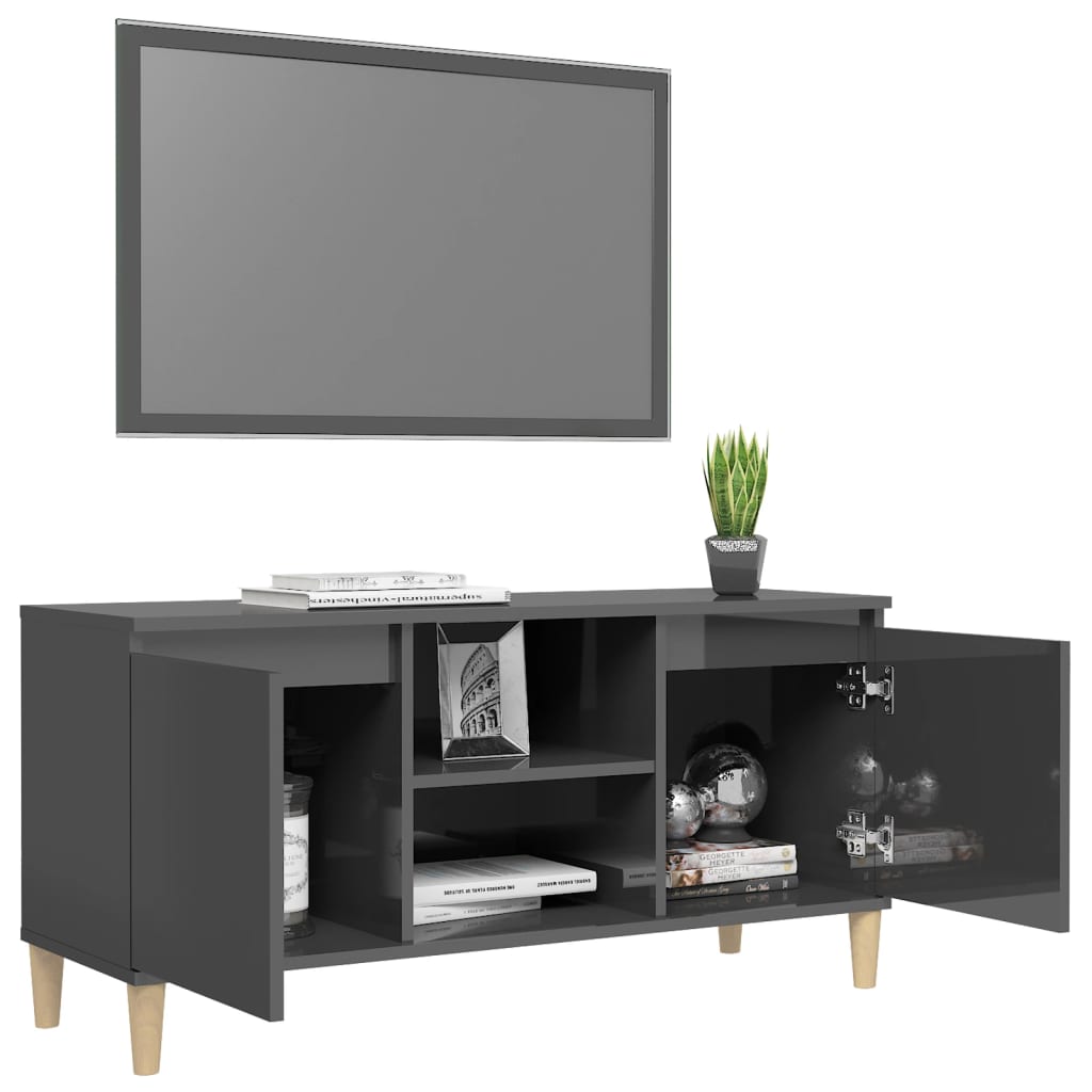 Tv Cabinet & Solid Wood Legs High Gloss Grey 103.5X35x50 Cm