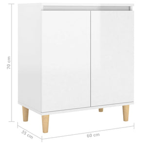 Sideboard&Solid Wood Legs High Gloss White 60X35x70cm Engineered