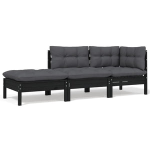 3 Piece Garden Lounge Set With Cushions Black Solid Pinewood