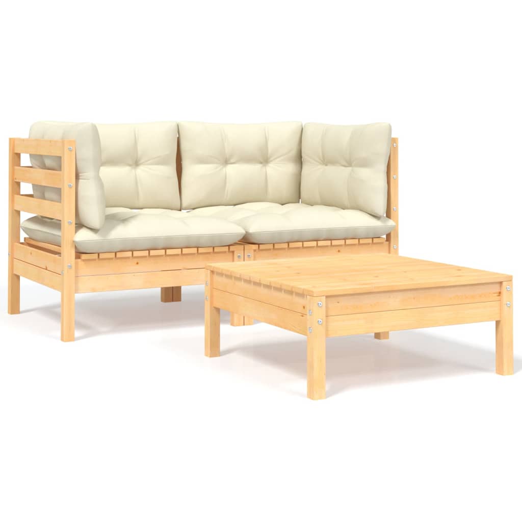 3 Piece Garden Lounge Set With Cream Cushions Solid Pinewood