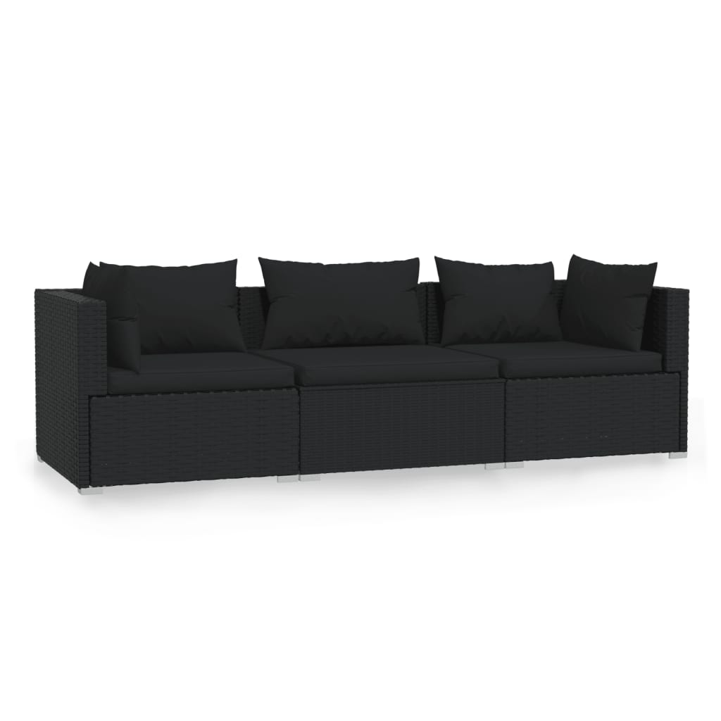 3-Seater Sofa With Cushions Black Poly Rattan