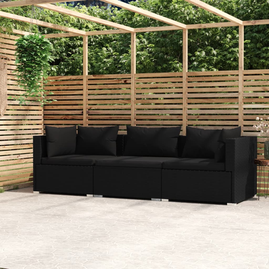 3-Seater Sofa With Cushions Black Poly Rattan