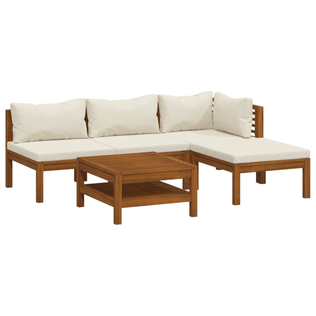 5 Piece Garden Lounge Set With Cream Cushion Solid Acacia Wood